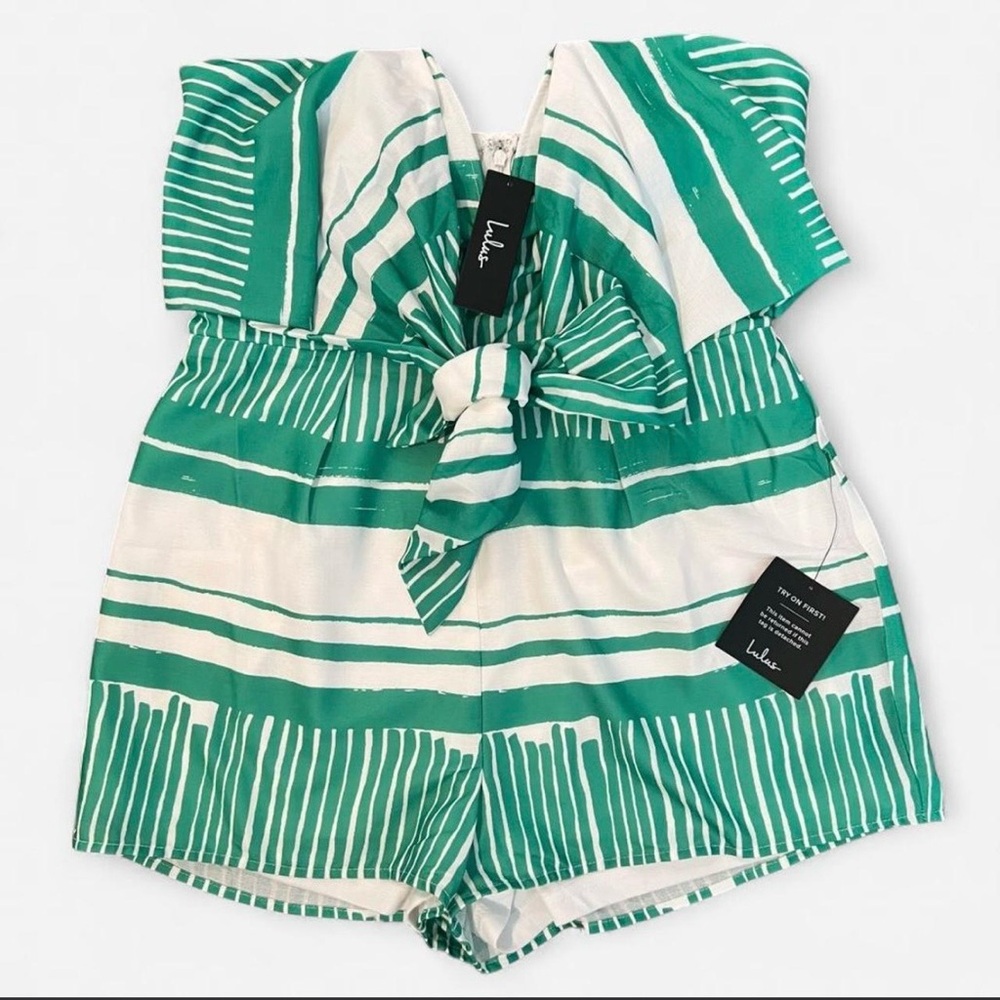 Lulus Delphi Green and White Striped Tie-Front Strapless Romper - M - Picture 4 of 9